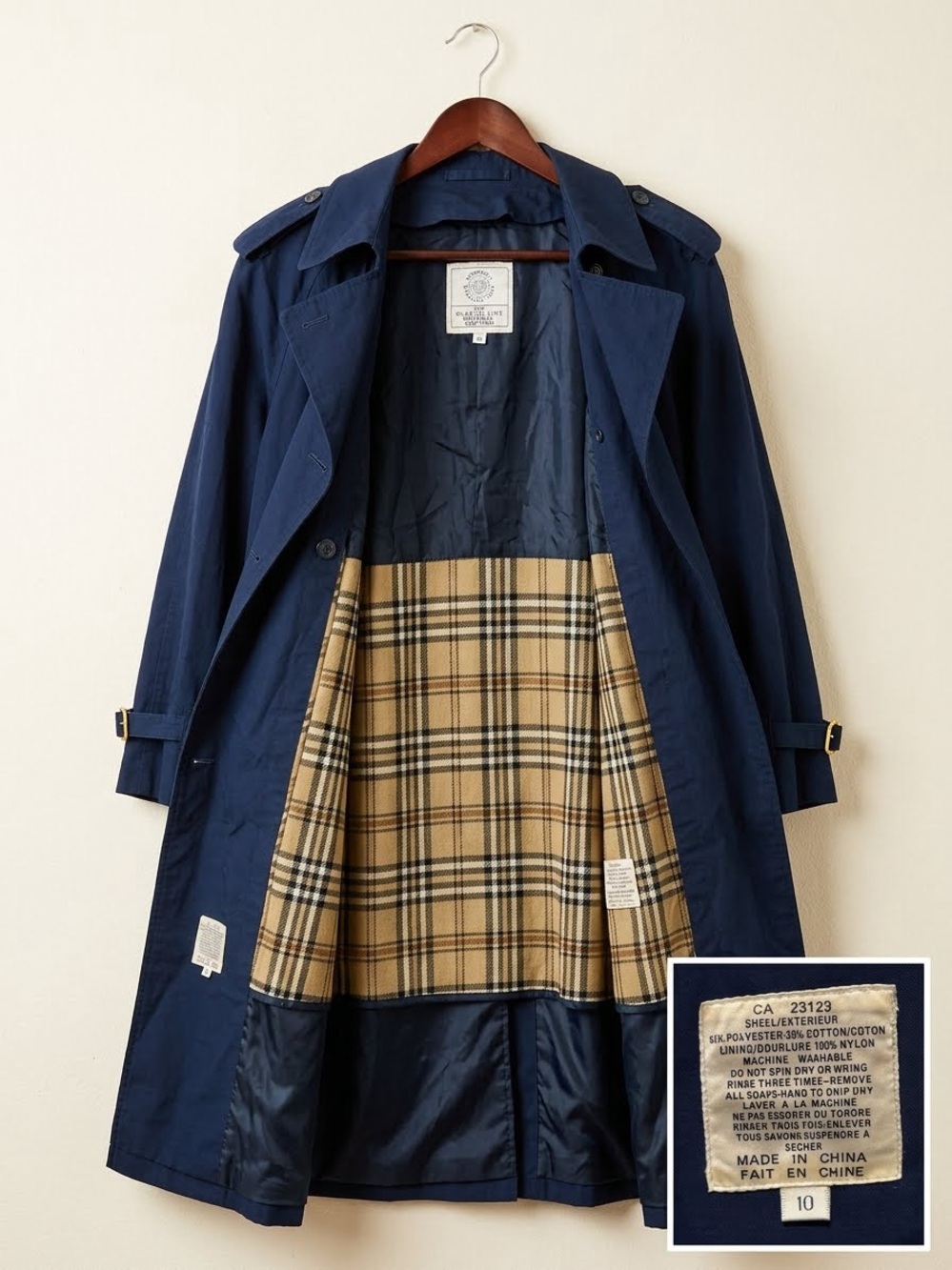 Women’s vintage Navy Trench Coat with Plaid Interior
